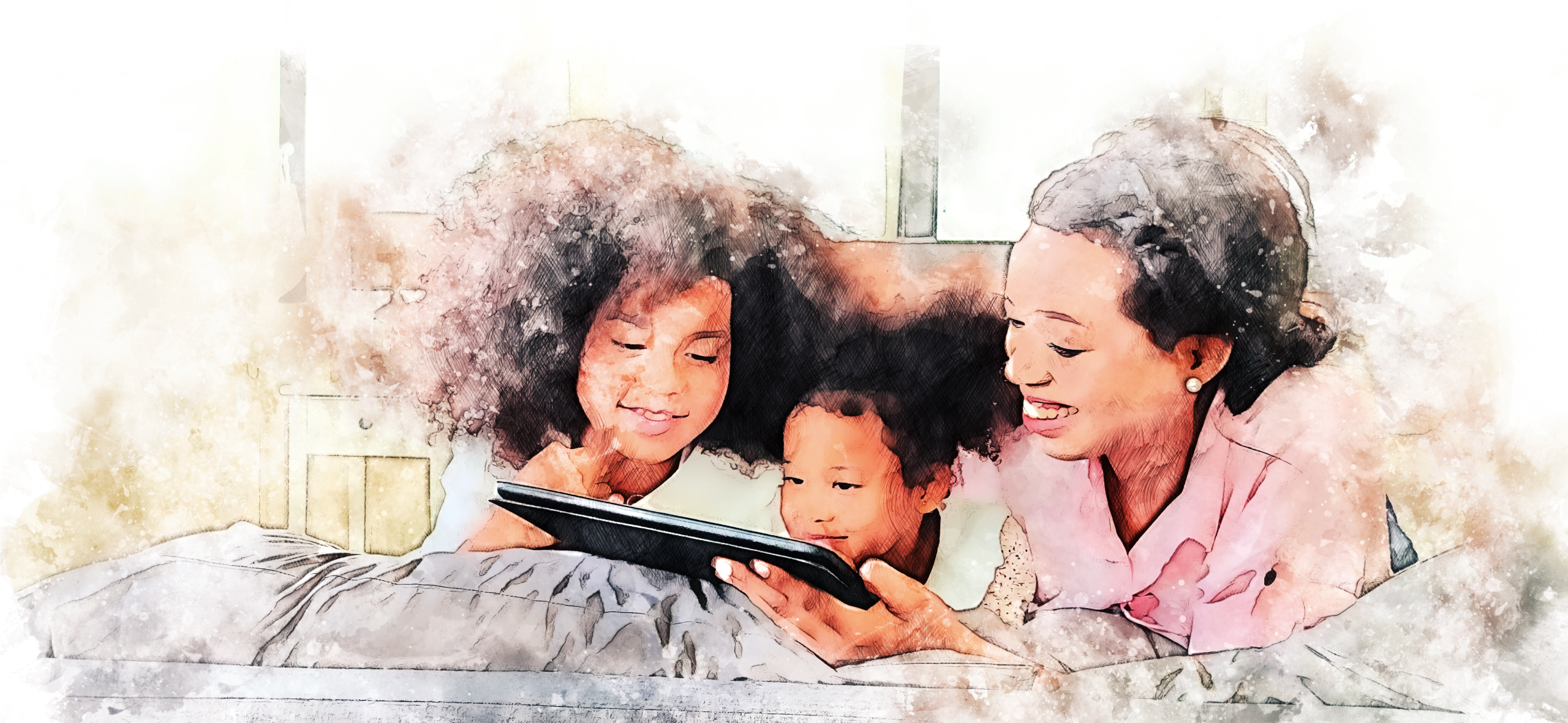 Mother and her daughters smiling engaged during story time before bed.